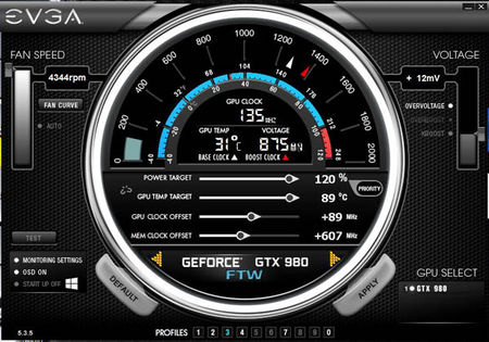 EVGA's GPU overclocking tool, Precision X. Note that these settings are the original numbers used before toning for game testing.